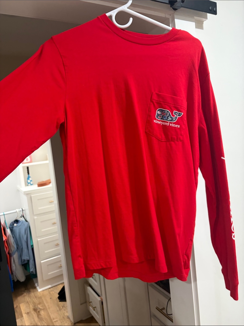 Vineyard Vines Bright Red Long Sleeve Pocket Tee with Whale Patch